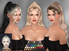 three beautiful women in black dresses with different hair colors and make - up palettes