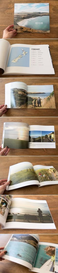 an open book on a wooden table with photos and text in the pages that are being folded