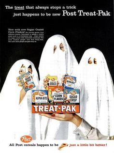 an advertisement for peanut butter with three ghost hands holding packages of treats in front of them