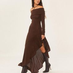 Trendy Fashion Sexy Womens Off Shoulder Long Sleeves Slim Fit Asymmetric Ruffles Party Dress, Womens Dresses Date Night Fall Dresses, Brown Evening Dress Long, Brown Satin Dress Winter, Fall Brown Midi Dress, Brown Long Flowy Dress, Brown Bridesmaid Dresses Chocolate Long Sleeve, Off Shoulder Long Sleeve Dresses, Brown Midi Dress Winter, Long Sleevemaxi Dress