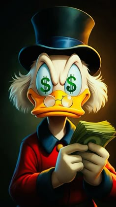 a cartoon duck wearing a top hat and holding money in one hand while looking at the camera