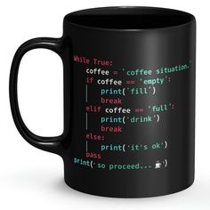 a black coffee mug with the programming code printed on it