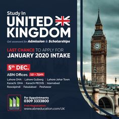 an advertisement for the study in united kingdom, which has been changed to apply for january 2020 intake