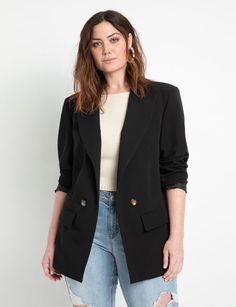 Long Relaxed Blazer | Women's Plus Size Coats + Jackets | ELOQUII Plus Size Peacoat, Meredith Blake, Relaxed Blazer, Wardrobe Capsule, Open Front Blazer, Plus Size Coats, Decorative Buttons, Fall 2022, Fashion Pieces