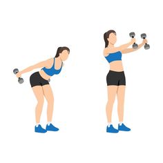 a woman doing dumbbell exercises with two dumbbells in front and behind her