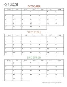 the october and december calendars are shown in red, green, and orange colors