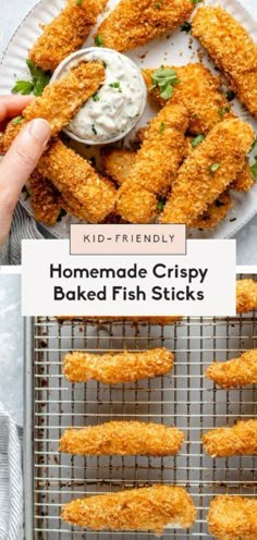 homemade crispy baked fish sticks on a plate with ranch dip in the middle and another photo