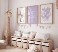 a child's room decorated in pastel tones with toys and artwork on the wall