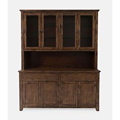 a wooden cabinet with glass doors and drawers