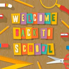 the word welcome back to school written in cut out letters with pencils and rulers