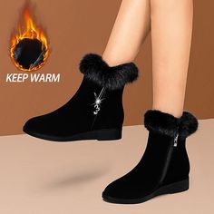 Category:Boots; Upper Materials:Faux Suede; Embellishment:Rhinestone; Season:Winter; Heel Type:Flat Heel; Gender:Women's; Toe Shape:Round Toe; Type:Fleece Lined; Style:Plush,Minimalism,Elegant,Fashion; Heel Height(inch):1-2; Outsole Materials:Rubber; Occasion:Outdoor,Daily; Closure Type:Zipper; Pattern:Solid Color; Listing Date:08/28/2023; Production mode:External procurement; 2023 Trends:Winter Boots,Snow Boots,Suede Shoes; Foot Length:; Foot Width:; SizeChart1_ID:2:184043; Size chart date sour Womens Black Ankle Boots, Ankle Snow Boots, Fur Shoes, Winter Ankle Boots, Pointed Toe Boots, Chelsea Ankle Boots, Boots Winter, Snow Boots Women, Black Boots Women