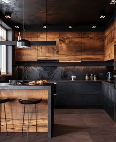 a modern kitchen with wooden cabinets and black counter tops, along with bar stools