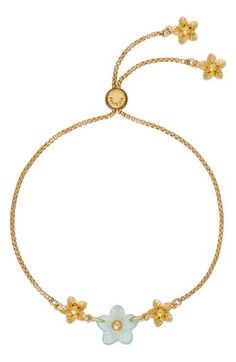 Dainty flowers strung on a slender chain bring sweet shine to a stackable slider bracelet finished in gleaming goldtone plate. Adjustable slide closure Goldtone plate/acetate Imported Item ships in a gift box Adjustable Yellow Gold Bracelet For Party, Delicate Gold Bracelets With Flower Charm, Gold Bracelet With Flower Charm And Round Shape, Dainty Gold Flower Charm Bracelet, Whimsical Gold Charm Bracelet, Elegant Gold Plated Flower-shaped Bracelet, Dainty Flowers, Slider Bracelet, Bracelets Gold