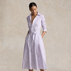 Find RALPH LAUREN Belted Striped Cotton Shirtdress on Editorialist. Yarn-dyed vertical stipes enhance the preppy nature of this pure cotton shirtdress which is crafted for an A-line silhouette and finished with our signature embroidered Pony at the cuff. A removable self-belt allows for versatility in styling and waist definition. Ralph Lauren Looks, Denim Polo, Women Ralph Lauren, Cotton Shirt Dress, Short En Jean, Hoodie Girl, Vertical Stripes, Guest Outfit, Jumpers And Cardigans