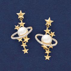 7.5-8mm Cultured Pearl and .15 ct. t.w. Diamond Star and Planet Drop Earrings in 14kt Yellow Gold Diamond Star Earrings, Gold Star Pendant, Drop Earrings Pearl, Diamond Star Necklace, Ramadan Collection, Gold Star Earrings, Mood Jewelry, Weird Jewelry, Pearl Birthstone