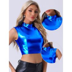 The shiny metallic crop top can be added to your top collection. Suitable for many occasions, such as parties, clubwear, holidays, and dance club raves. Pair with any tight trousers or short skirts for a chic and hot look. Made from shiny Metallic Fabric, this tank top will make you stand out in the crowd. Believe you will need a tank top like this to match your pants. Metallic Club Tops For Summer, Metallic Tops For Club Summer Wear, Metallic Tops For Summer Clubbing, Metallic Tops For Club In Summer, Sleeveless Disco Tops For Club, Disco Style Sleeveless Club Tops, Blue Sleeveless Top For Party Season, Sleeveless Blue Tops For Party Season, Disco Crop Top For Party