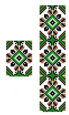 a cross stitch pattern with green and brown designs on white paper, next to the letter k