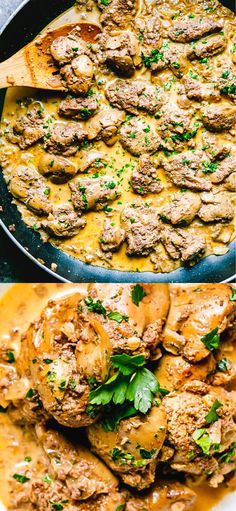 two pictures showing the process of making meatballs and gravy in a skillet