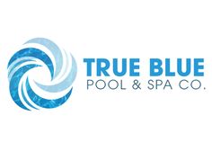 the true blue pool and spa company logo is shown in this image, with water swirling around it