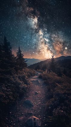 the night sky is filled with stars and clouds above a trail leading to some trees