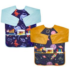 two baby bibs with dinosaurs on them, one in blue and the other in yellow