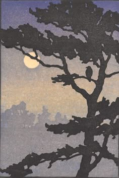 a painting of a tree with a bird perched on it's branch at night