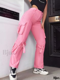 Bjux - Womens Pink Cargo Pants with Flap Pockets, Y2K & Kpop Style Loose Fit Straight-Leg Jeans - Trendy Denim Apparel Casual Pink Cargo Jeans With Pockets, Pink Baggy Straight Leg Cargo Jeans, Baggy Straight Leg Pink Cargo Jeans, Pink Utility Cargo Style Bottoms, Pink Baggy Cargo Jeans For Spring, Pink Wide Leg Utility Cargo Jeans, Pink Straight Leg Casual Cargo Pants, Trendy Pink Cotton Cargo Pants, Casual Pink Cotton Cargo Jeans