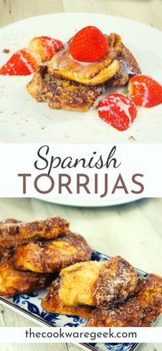 some pancakes and strawberries on a plate with the words, spanish tortillas