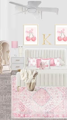 a white bed sitting in a bedroom next to a pink rug and two pictures on the wall