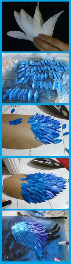 three pictures of blue and white feathers being made with paper machs on the table