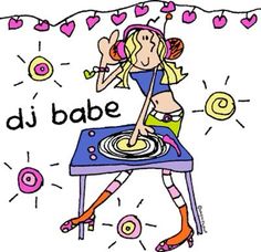 a drawing of a woman djing on top of a table with hearts around her