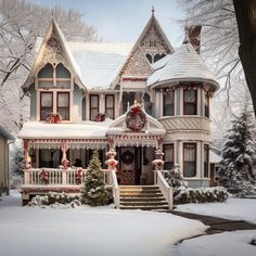 a large victorian style house with christmas decorations and wreaths on the front porch, covered in snow