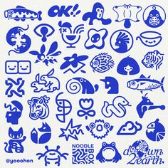 various blue and white logos are shown in this graphic art work, which includes an image of