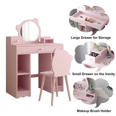 pink vanity with mirror, stool and storage compartment for small children's bedroom furniture