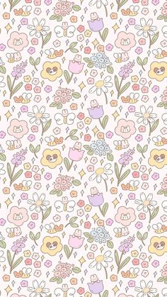 a white background with many different flowers and birds on it's sides, all in pastel colors