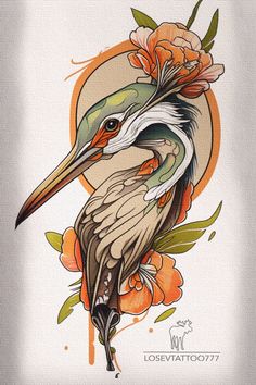 a drawing of a bird with flowers on it's head