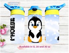 two children's water bottles with an image of a penguin on the front and side