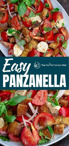 easy panzanella with tomatoes, mozzarella and spinach on a white plate