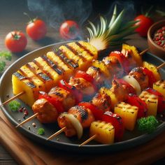 the skewers are grilled with various vegetables and meats, along with pineapples