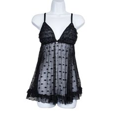 Seductivewear By Cinema Etoile Black Dot Sheer Mesh Babydoll Slip Size S Nwt Seductivewear By Cinema Etoile Polka Dot Sheer Mesh Babydoll Night Slip In Black. Ruffle Hem Detail. Adjustable Straps. Split Back Detail. Matching Ruffle Trim Panty. No Stains Or Holes. Sheer Mesh Ruffle Night Slip Lingerie. Size: S Length: 23" Pit To Pit: 13" Waist: 11.5" Condition: New With Tag Box B9 B/6/13pm Night Slip, Black Evening Dresses, Goth Outfits, Black Dots, Black Ruffle, Ruffle Trim, Ruffle Hem, Women's Intimates, Cute Clothes