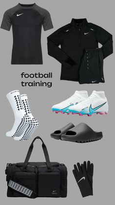 various sports gear including shoes, gloves and an athletic bag with the words football training written on it