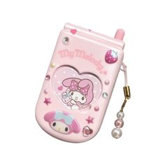 a pink cell phone with a hello kitty design on the front and a key chain attached to it