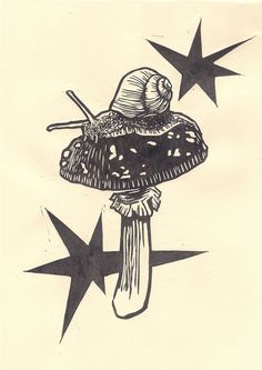 a black and white drawing of a mushroom with stars