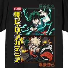 Celebrate your favorite anime series in style with this My Hero Academia crop t-shirt. The shirt features an image of Deku and Bakugo using their powers while yellow kanji letters next to the characters spell out the series logo. The tee comes in a black short sleeve crop top. Fans of the My Hero Academia characters will love this comfy crop tee. Black Anime Print Tops For Fan Gatherings, Black Anime Print Tops, Anime Print Fandom Tops For Fan Events, Anime Print Tops For Fan Events, Fandom Style Tops With Anime Print For Fan Events, Black Anime Print Fandom T-shirt, Black Anime Print Top For Fan Events, Black T-shirt With Anime Print For Fan Events, Black Anime Character Print T-shirt