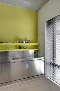 Stainless Steel Counters, Yellow Wall, Yellow Walls, Stainless Steel Kitchen, Counter Top, Interior Inspo, Interior Design Kitchen, 인��테리어 디자인, Interior Design Inspiration