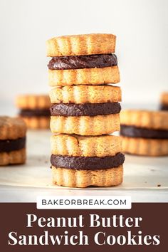 chocolate peanut butter sandwich cookies stacked on top of each other