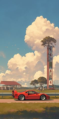 a red sports car parked in front of a tall clock tower on a cloudy day