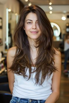 Woman with thick hair showing off her elegant long layers for a flowing look Layers In Thick Hair, Celebrity Hair Extensions, Fine Thick Hair, Haircuts For Long Hair With Layers, Long Length Hair, Hair For Women, Long Layered Haircuts