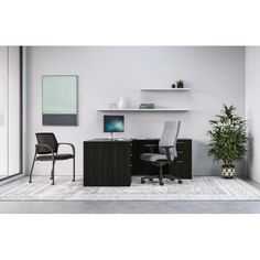 an office desk with two chairs and a plant