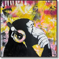 a painting of a monkey with headphones on